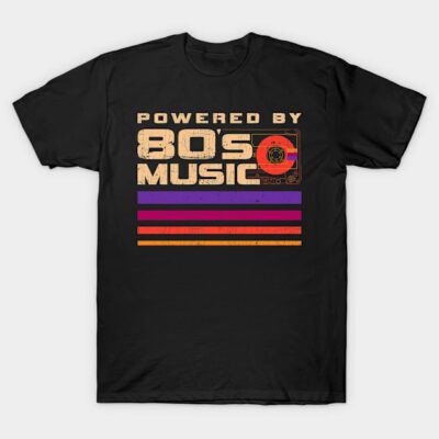 Black retro 80s music graphic T-shirt, vintage cassette design, casual wear, unisex cotton material.