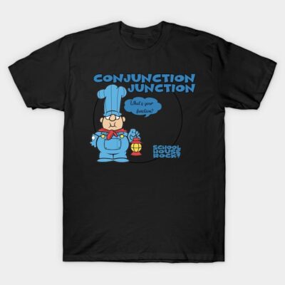Black graphic t-shirt featuring a cartoon character in blue with text "Conjunction Junction" and "Schoolhouse Rock".