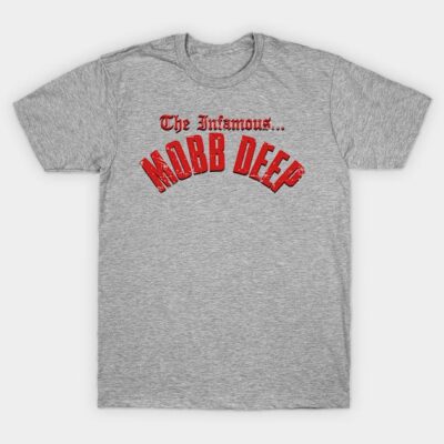 Gray cotton t-shirt with red "Mobb Deep" text, casual style, perfect for daily wear.