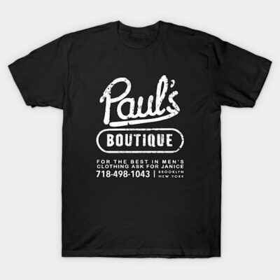 Black T-shirt with vintage-style "Paul's Boutique" graphic print, casual wear, cotton material.