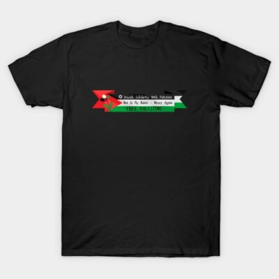Black t-shirt with colorful graphic design promoting solidarity and freedom, casual wear, cotton material.
