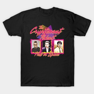 Black graphic t-shirt featuring vibrant retro design with text and illustrated portraits, ideal for casual wear.