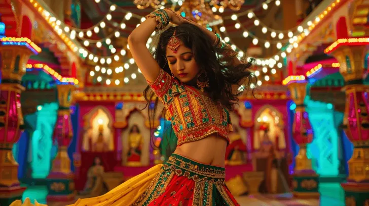 Colorful embroidered lehenga choli set with intricate patterns, perfect for festive occasions and traditional celebrations.