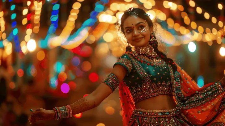 Colorful traditional Indian lehenga choli set with intricate embroidery, perfect for festive occasions and celebrations.