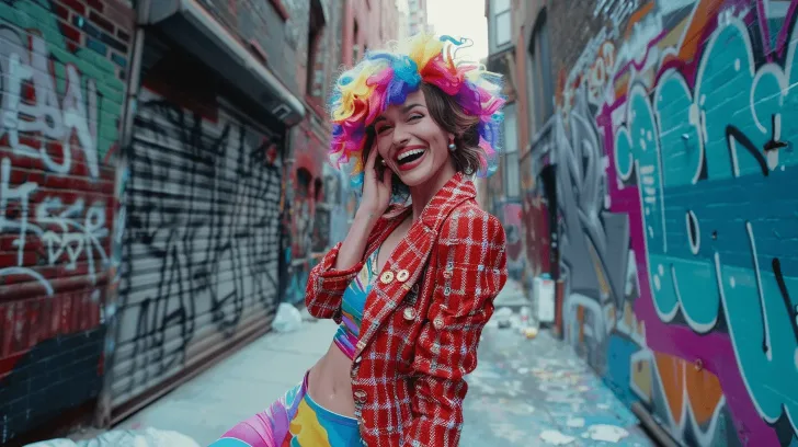 Colorful plaid jacket with multicolored wig, vibrant street style fashion, perfect for bold urban outfits.