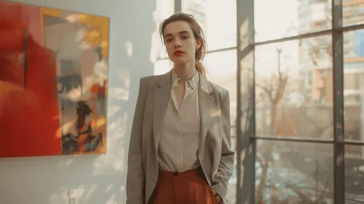 Gray tailored women's blazer, elegant business style, lightweight fabric, ideal for office wear and professional settings.