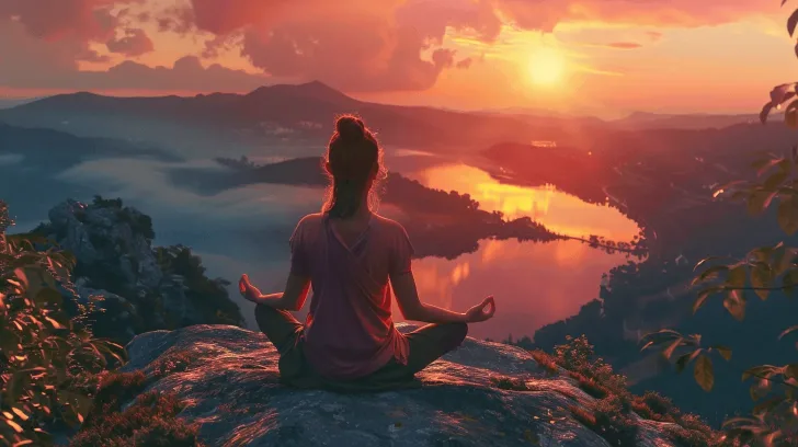 Alt text: "Sunset meditation on a mountain with scenic lake view, ideal for mindfulness and relaxation practices."