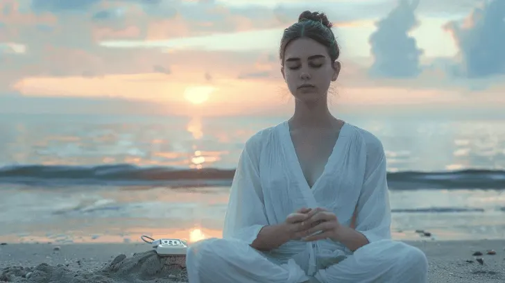 White cotton meditation robe, lightweight and breathable, ideal for relaxation and yoga practices by the beach.
