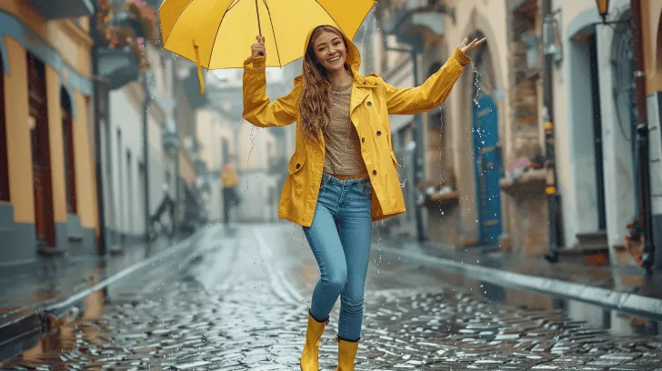 Yellow raincoat with matching umbrella and boots, perfect for wet weather. Stylish outerwear for rainy days.