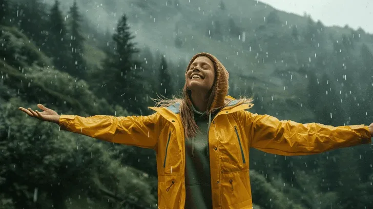 Yellow waterproof rain jacket, hooded, lightweight, ideal for outdoor activities and hiking in wet weather conditions.