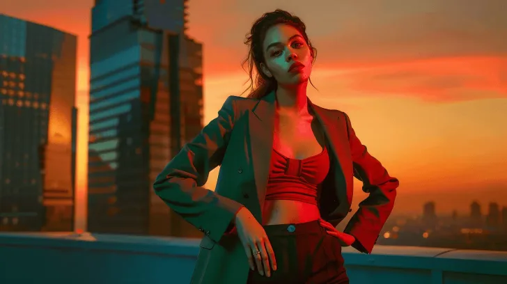 Gray blazer with red crop top, modern city skyline, stylish evening wear, perfect for urban fashion statements.