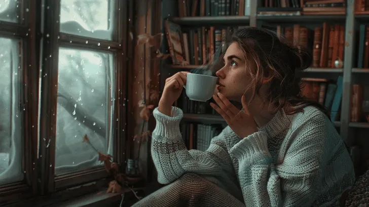 Cozy wool sweater in gray and white, perfect for winter warmth, displayed in a library setting with a rainy window view.