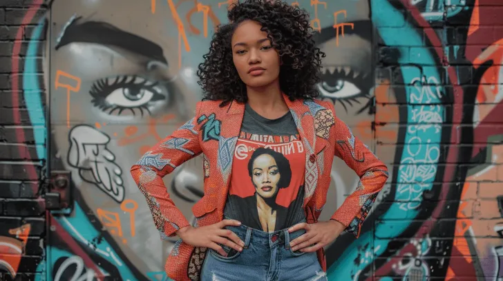 Colorful graffiti-print blazer, orange with blue accents, casual streetwear style, perfect for vibrant urban fashion.
