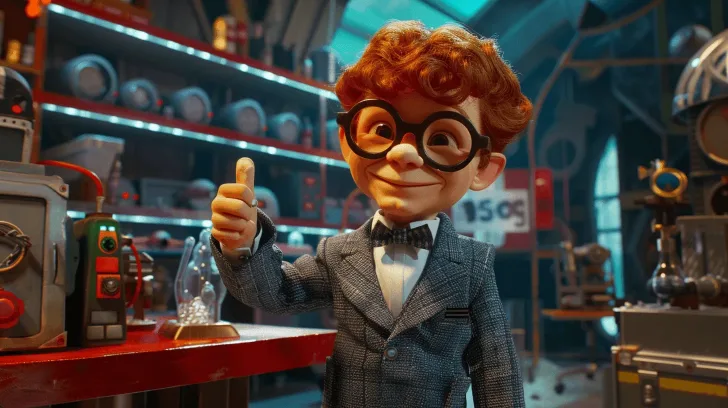 "Animated figure in gray suit with bow tie giving thumbs up in a colorful workshop setting, ideal for creative decor."