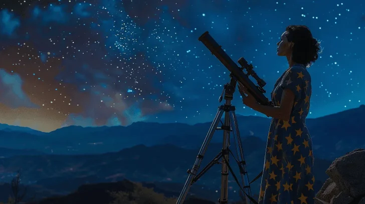 Telescope with tripod for stargazing, black metal design, ideal for astronomy enthusiasts under a starry night sky.