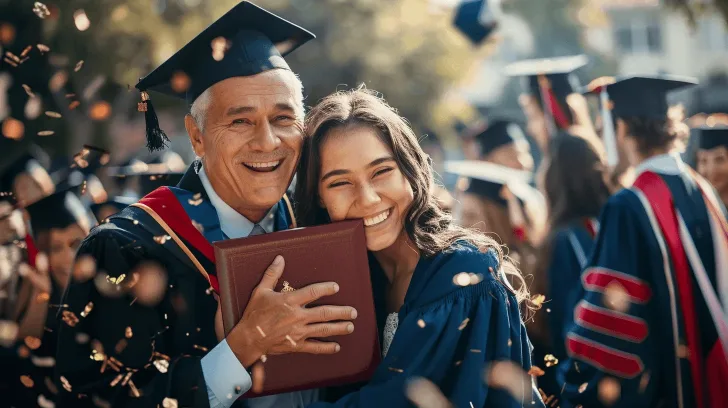 Graduation ceremony with blue academic gown and cap, featuring a diploma holder, ideal for commemorative events.
