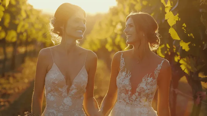 Elegant lace bridal gown in soft pastel, sleeveless design perfect for weddings, outdoor setting, romantic style.