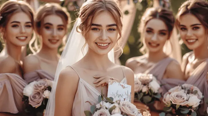 "Elegant blush pink bridesmaid dresses with floral bouquets, perfect for weddings, crafted from soft chiffon fabric."