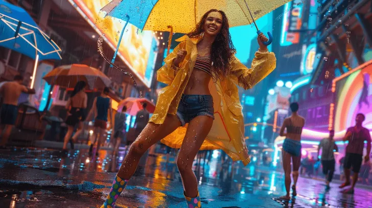 Yellow raincoat with multi-color umbrella, perfect for city adventures. Waterproof, vibrant style for rainy days.