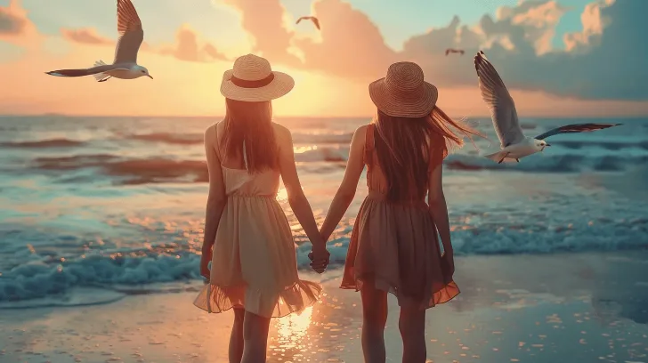 Sunset beach scene with two people in summer dresses and straw hats, holding hands, seagulls flying.