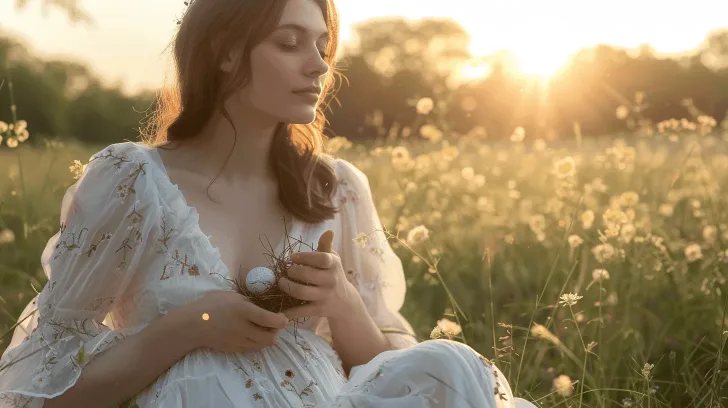 White floral embroidered bohemian dress in a field, perfect for summer events, made of lightweight, breathable fabric.