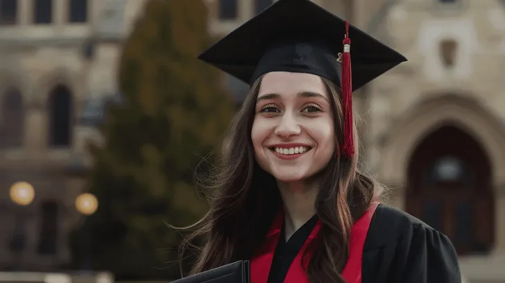 Alt text: "Black graduation cap and gown with red tassel, ideal for graduation ceremonies and academic events."