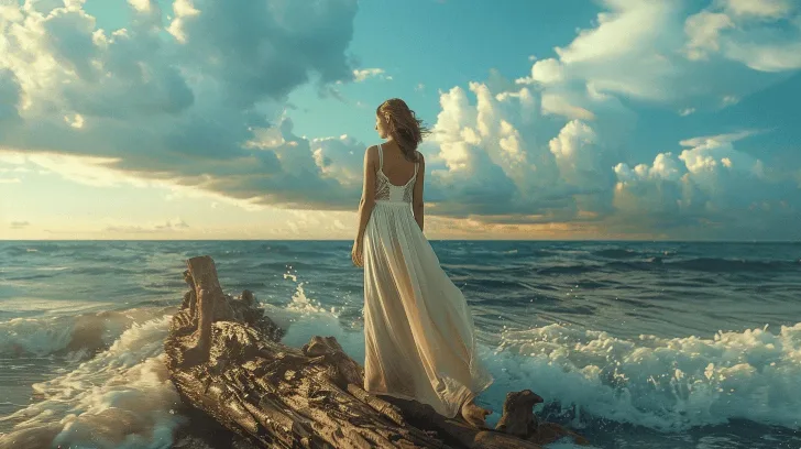 Elegant white maxi dress with lace straps, perfect for beachwear or summer events, flowing fabric against ocean backdrop.