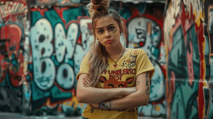 Yellow graphic t-shirt with bold text and cartoon design, ideal for casual wear, set against vibrant graffiti background.