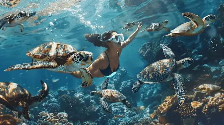 "Underwater world with sea turtles and coral reef, vibrant ocean scene for aquatic-themed decor or educational material."