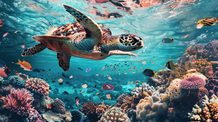 Sea turtle swimming in a vibrant coral reef, showcasing colorful marine life and clear ocean water. Perfect for aquatic decor.