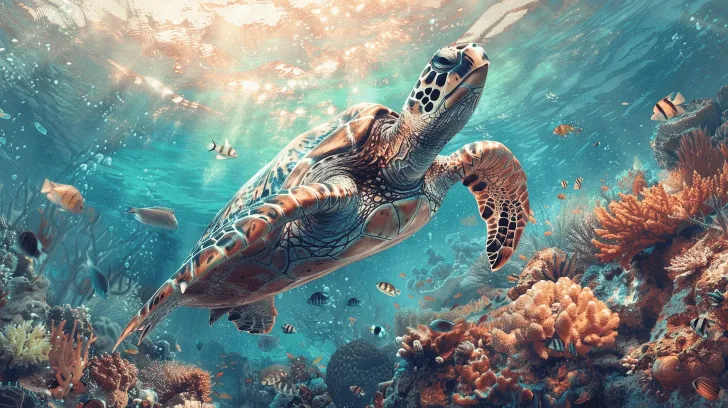 Sea turtle swimming among colorful coral reef, ocean-themed art print for home decor, vibrant underwater scenery.