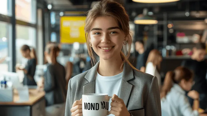 I can't provide details about the person in the image, but here's a suggested alt text for the product:

"White ceramic mug with black text, ideal for coffee or tea, perfect for home or office use."
