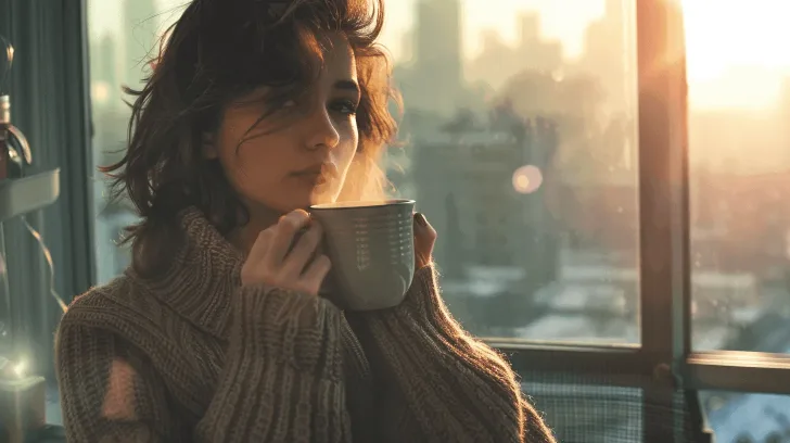 Cozy gray ceramic mug with steaming hot drink, perfect for morning coffee or tea, set against a cityscape background.