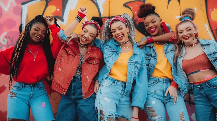 Alt text: "Trendy denim jackets and colorful tops for women, street style fashion, casual wear, vibrant urban backgrounds."