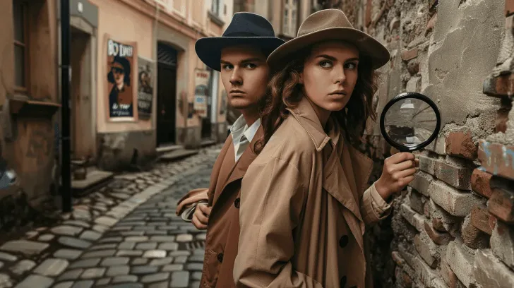 Tan trench coats and wide-brim hats for stylish outdoor adventures. Timeless detective look with modern flair.