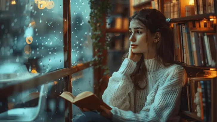 Cozy white knit sweater on woman reading by rainy window, perfect for autumn evenings. Ideal for casual and comfortable wear.
