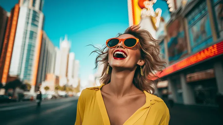 Bright yellow blouse and orange sunglasses, vibrant city backdrop, stylish summer fashion for urban adventures.
