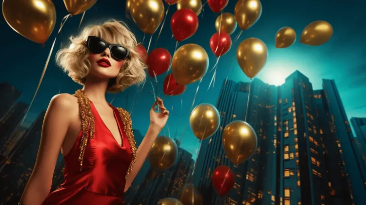 Red satin evening dress with gold embellishments, ideal for glamorous events; paired with stylish black sunglasses.