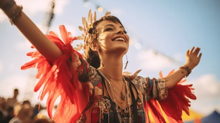 Bohemian festival outfit with vibrant red feathered sleeves and intricate patterns, perfect for outdoor events and celebrations.
