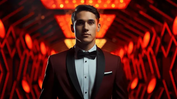 Elegant maroon tuxedo with black lapel, perfect for formal events. Luxurious material, classic style, and sophisticated look.