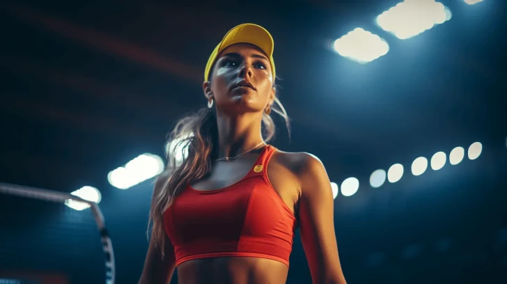 Red sports bra and yellow cap for women, ideal for athletic activities, breathable fabric, stylish gym wear.