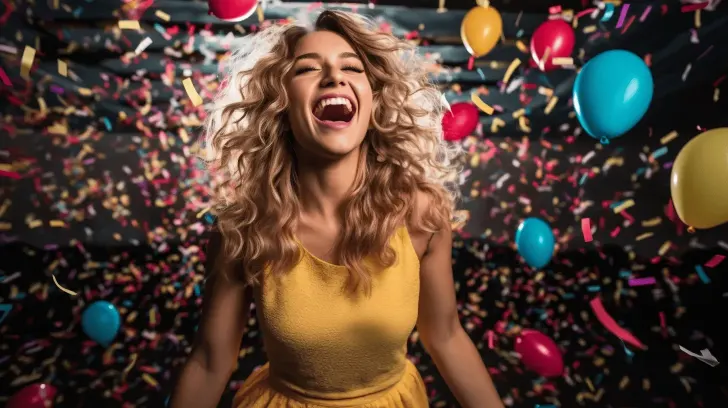 Yellow sleeveless dress in a festive setting with colorful balloons and confetti, perfect for parties and celebrations.