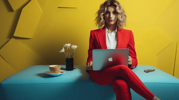 Red women's business suit, modern style, professional attire for office or events, set against a vibrant yellow background.