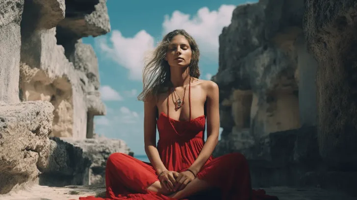 Red maxi dress with V-neck, sleeveless, flowy fabric, ideal for summer beach outings and casual events.