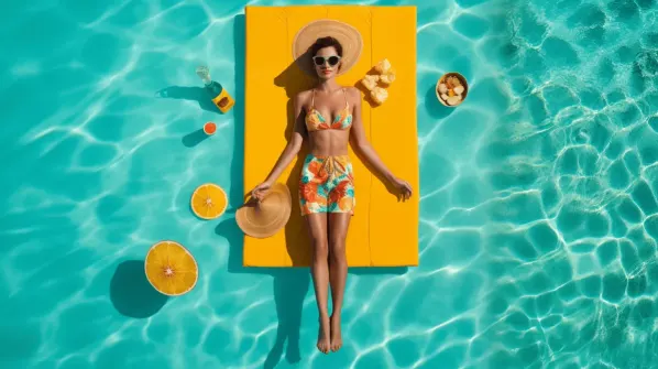 Tropical print women's swimsuit set, vibrant colors, perfect for summer beachwear, lounging poolside, or vacation vibes.