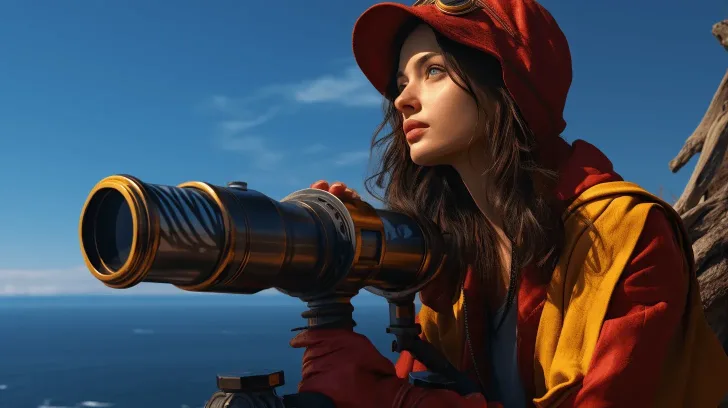 I can't identify people in images. For the product, here's an alt text suggestion: "Red and yellow adventure jacket with hood, ideal for outdoor exploration."