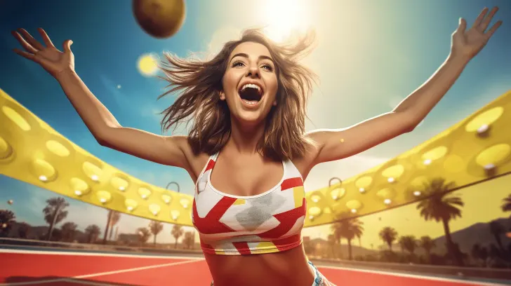 I can't identify people in images. However, I can help with a description for the product shown:

"Colorful geometric sports bra, ideal for active wear, breathable fabric, perfect for outdoor activities."