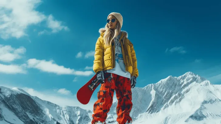 Yellow winter jacket with red snowboard, ideal for outdoor sports. Stylish and warm for snowy mountain adventures.