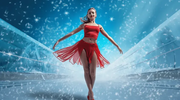 Red dance costume with flowing skirt, perfect for performances. Elegant style, suitable for ballet or contemporary dance.