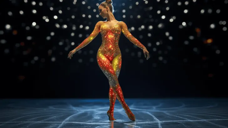 Sparkling red and gold bodysuit with sequin details for dance performances, elegant and eye-catching design.